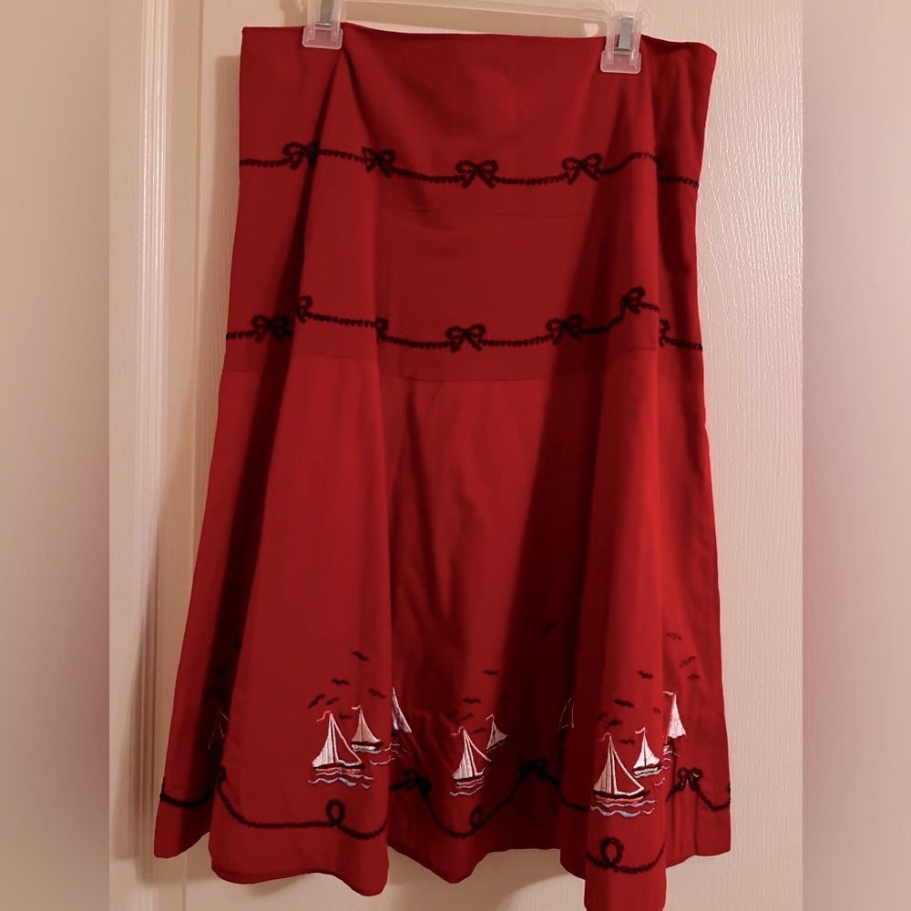 Anthropology Elevenses Size 6 Burgundy A-Line Boat, Bows, and Birds Skirt